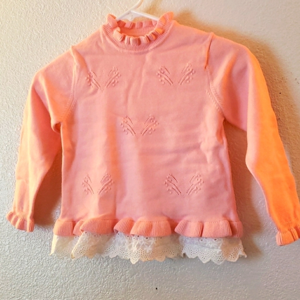 Pu Tian Pink White Eyelet Trimmed Ruffle Sweater Size 7